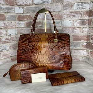Vintage Brahmin Toasted Almond Leather Bag with Wallet and Cosmetic Clutch